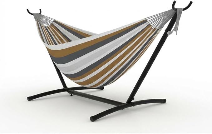 Double Hammock with Stand, 2 Person Heavy Duty Hammocks for Outside–450IB Capacity, Portable Hammock with Space-Saving Steel Frame & Carrying Case, Easy Setup for Backyard,Camping,Beach-Brown