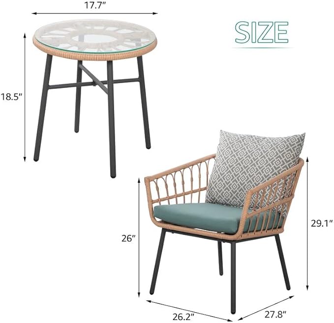 Yangming 3 Piece Patio Furniture Outdoor Conversation Bistro Set with Tempered Coffee Table and Wicker Chairs for Garden Balcony Backyard Yard Poolside, Green (QX-MA-WF-001)