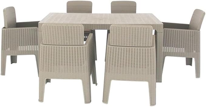 Pemberly Row 7-Piece Patio Dining Set, Gray Faux Rattan and Wood Finish, Durable Plastic, Beige Cushions, Rectangular Table with Umbrella Hole, Foldable and Stackable Armchairs, UV Protected, Outdoor