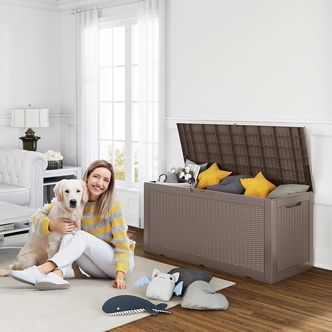 ROJIK Outdoor Storage Housing Deck Box - Waterproof Patio Furniture, Garden Tools, Cushions, Pool Accessories Storage Bench with Lockable Lid and Side Handles (Grey 110 Gal)