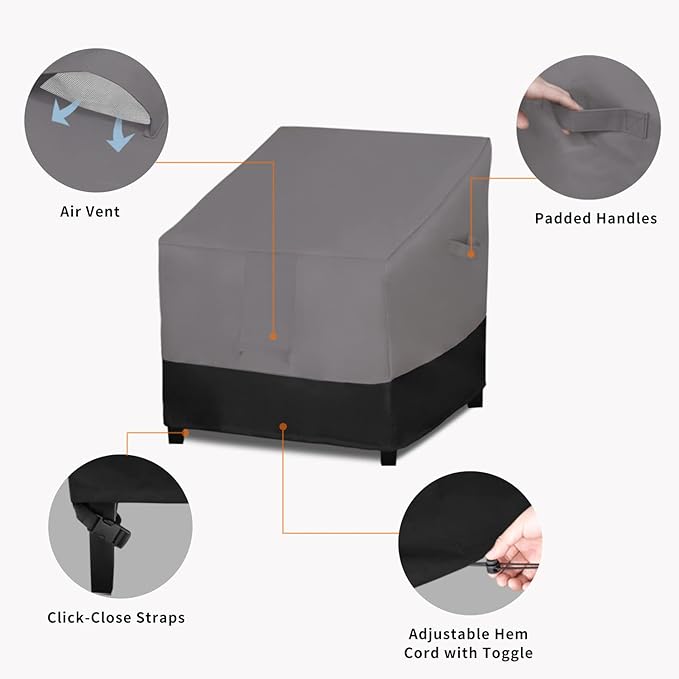 Easy-Going Outdoor Chair Cover Waterproof, Heavy Duty Patio Chair Cover, Windproof Outdoor Furniture Cover with Air Vent (1 Pack-33.5Wx40Dx36H inch, Gray/Black)