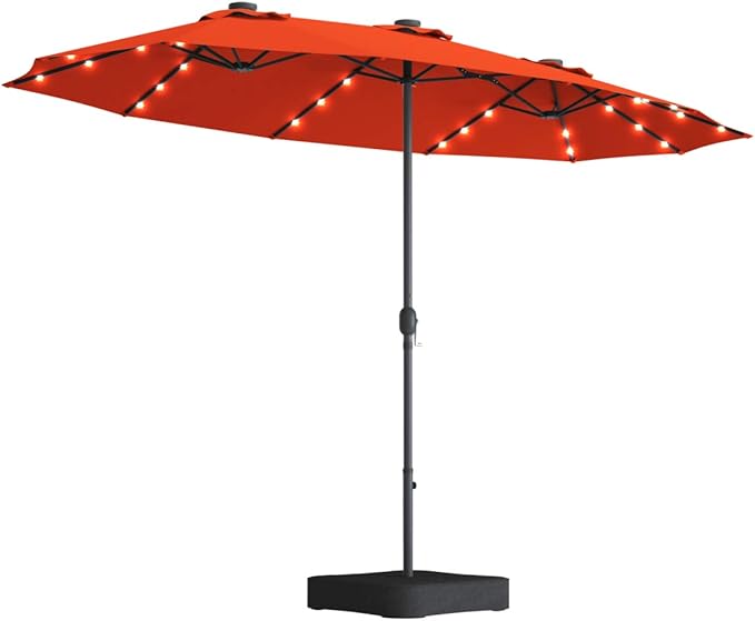 Tangkula 15 Ft Solar Patio Umbrella with Base, Extra Large Outdoor Double-Sided Twin Umbrella with 36 LED Lights & Crank Handle for Garden, Deck, Poolside, Patio (Orange)