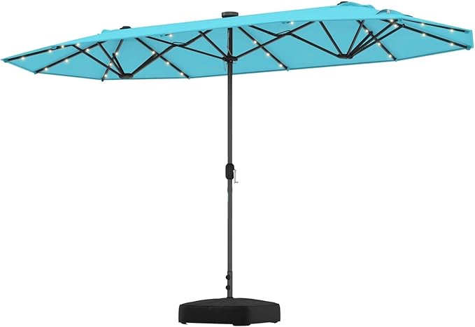 HAPPYGRILL Double-Sided Patio Umbrella with Solar Lights, 13FT Large Umbrella with Base Included, Crank Handle, Market Twin Table Umbrella for Outdoor Backyard Garden Poolside