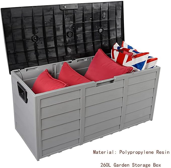 NOLLAM Garden Plastic Storage Deck Box 260 L Outdoor Storage Unit with Lockable Seat Chest Tools Cushions Toys Patio Furniture Patio Storage Box Elegant Storage Bench for Cushions Garden Tools, Black