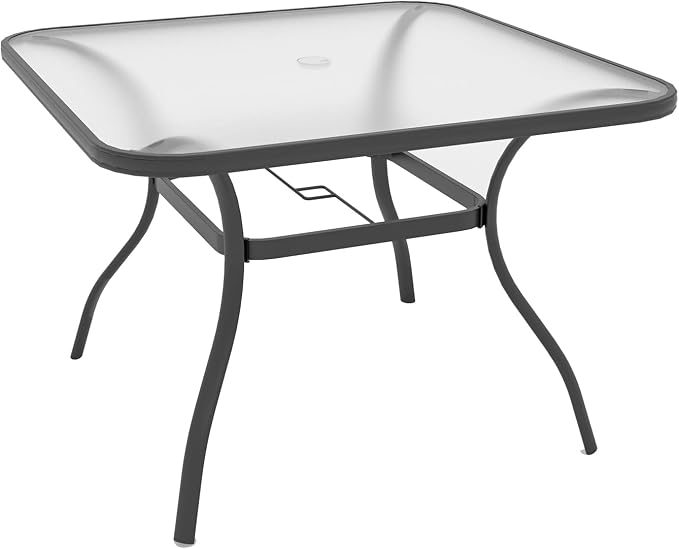 5 Piece Outdoor Patio Dining Set with 37" Square Glass Table, Red Chairs | 4 Piece Stackable Chairs Textilene Seat and Back, Table & Chair with Metal Frame, Square Glass Table Top, 1.7" Umbrella Hole