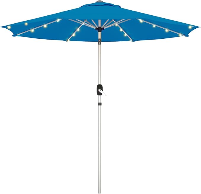 10FT 40-LED Solar Lighted Aluminum Patio Umbrella, Fade-Resistant Outdoor Market Table Umbrella with Push Button Tilt Function, 8 Sturdy All-Aluminum Ribs for Gardens, Decks, Backyards & Pools