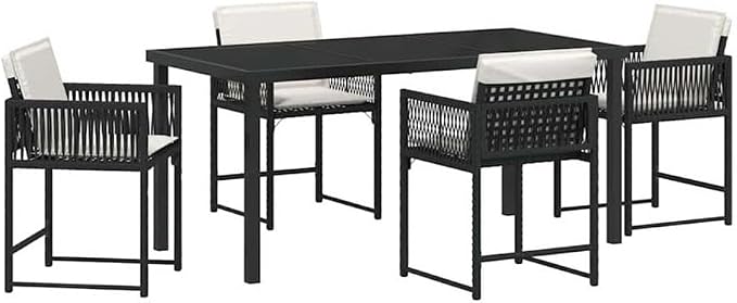 Afuera Living 5 Piece Poly Rattan Garden Dining Set, Black Finish, Weather-Resistant Patio Furniture with Steel Legs, Glass-Top Table and Chairs, Modern Outdoor Set for Gardens, Patios, or Terraces