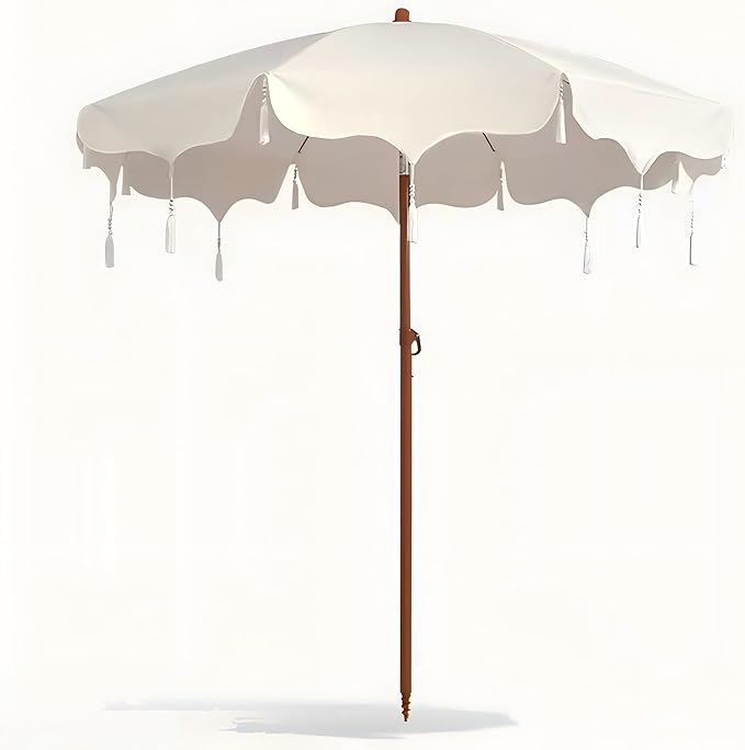6.5FT Boho Fringe Patio Umbrella with Tassels, Vintage Bohemian Outdoor Market Umbrella, Tilt Adjustable Foldable 8-Rib Decorative Garden Beach Umbrella for Patio Pool Balcony – Beige