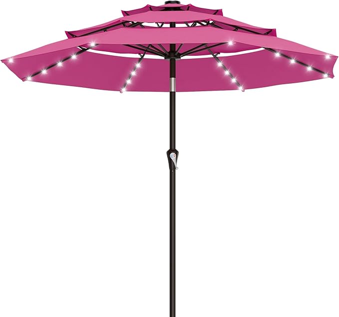 AreShark 9ft 3 Tiers Patio Umbrella with Solar Lights, Outdoor Umbrella w/ 32 LED Lights&8 Sturdy Ribs, Table Umbrella for Deck, Backyard, Pool (Rose Pink)