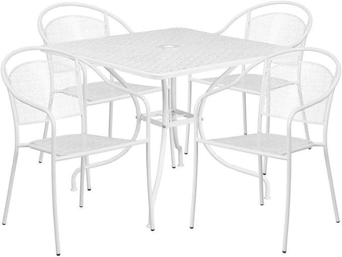 Flash Furniture Oia Commercial Grade 35.5" Square White Indoor-Outdoor Steel Patio Table Set with 4 Round Back Chairs