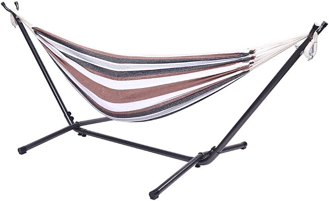 103 Inch Portable Hammock with Stand Included, Heavy Duty Steel Frame with Comfortable Polyester Striped Swing Bed, Carrying Bag for Patio, Garden, Backyard, Indoor & Outdoor (Style A)