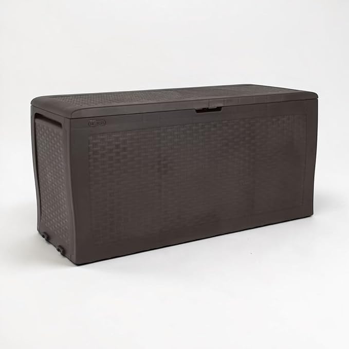 Large Resin Deck Box, 70 Gal Outdoor Storage, Rattan Style, Lockable with Wheels, (Brown, 46" L x 22.4" W x 17.7" H)