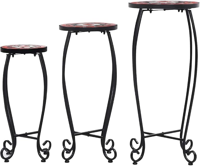 vidaXL Set of 3 Mosaic Garden Tables - Iron Tube with Ceramic Tile Top - Terracotta and White