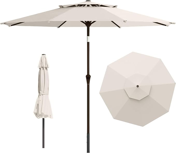 9ft 2-Tiers Patio Umbrella,Outdoor Market Table Umbrella with Push-Button Tilt & Crank | UV Protection,Suit for Backyard,Garden,Pool,Deck(Creamy-white)