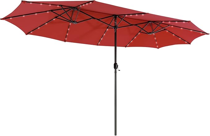 Giantex 15 FT Double Patio Umbrellas with 48 Solar LED Lights, Auto-Charging Panel, Crank System, Outdoor Extra-Large Rectangle Market Table Umbrella for Garden Deck Backyard Beach Pool
