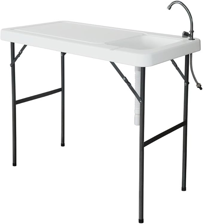 SSLine Portable Outdoor Fish Table Folding Camping Table with Sink Patio Picnic Cleaning Cutting Work Station Desk w/Quick Connect Faucet