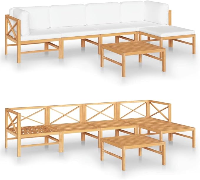 Patio Lounge Set with Cream Cushions,Patio Furniture Sets,Patio Conversation Sets,Outdoor Furniture Sets,for Garden,Backyard,Outdoor,6 Piece Solid Teak Wood