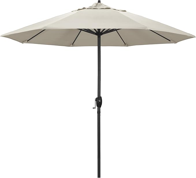 California Umbrella 12-Year Protection 9' Rd Aluminum Patio Umbrella, Crank Lift, Auto Tilt, Black Finish, Sunbrella Canvas