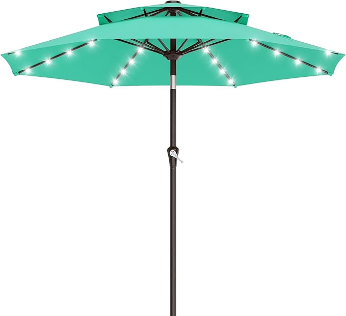 AreShark 9ft 2 Tiers Patio Umbrella with Solar Lights, Outdoor Umbrella w/ 32 LED Lights&8 Sturdy Ribs, Table Umbrella for Deck, Backyard, Pool(Turquoise)