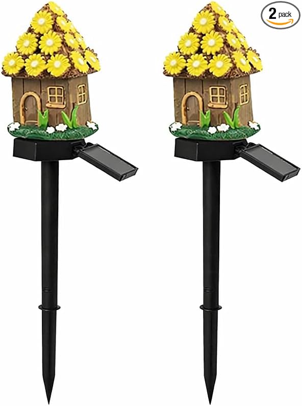 Solar Garden Lights Outdoor, 2 Pack Decorative Solar Daisy Cottage Pathway Lights Waterproof, Resin Fairy Garden Lights for Yard Lawn Patio Decor