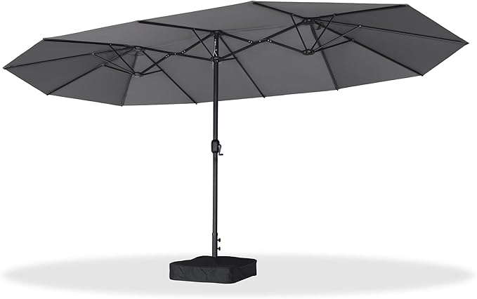 PURPLE LEAF 15ft Patio Market Umbrella with Base Double-Sided Rectangle Outdoor Table Sun Umbrellas with Crank 12 Heavy Duty Sturdy Ribs for Pool Beach Deck Backyard Light Gray