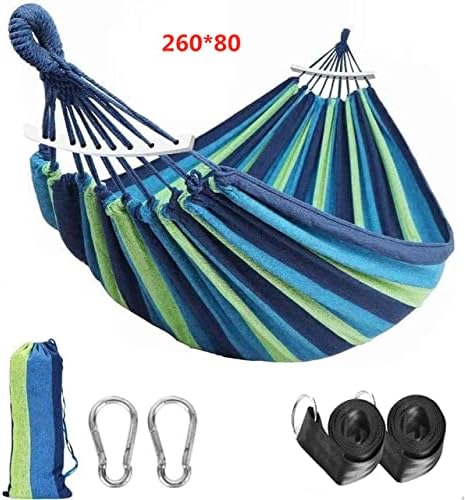 Outdoor Hammock Portable Garden Hammock Sports Home Travel Camping Swing Canvas Stripe Hang Bed Hammock Double Single People (260x80 Blue Set)