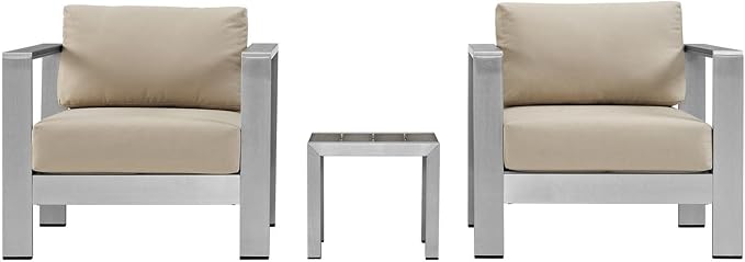Modway Shore 3-Piece Aluminum Outdoor Patio Furniture Set in Silver Beige
