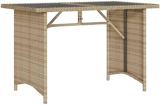 Beige Garden Table Rectangular with PE Rattan, Powder-Coated Steel Frame, and Tempered Glass Top for Outdoor Dining