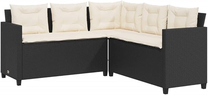 Patio Sofa with Table and Cushions, Outdoor Dining Sets Porch Furniture Set Patio Conversation Set Front Porch Furniture for Poolside Garden Exhibition L-Shaped Black Poly Rattan