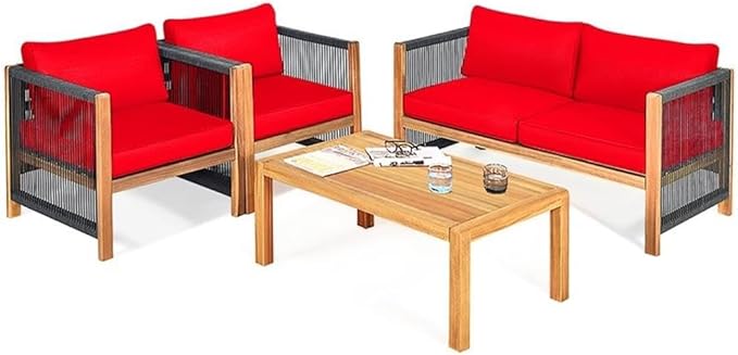 Pemberly Row 4-Piece Acacia Wood Patio Conversation Set, Cushioned Seats, Contemporary Style, Red Finish, Includes Coffee Table, Loveseat, 2 Chairs, Durable Outdoor Furniture for Backyard or Garden