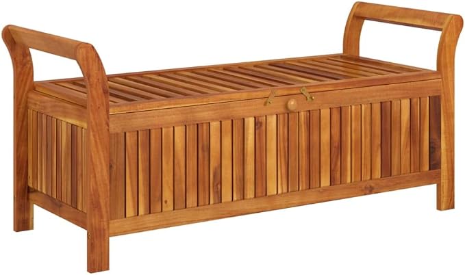 Wooden Outdoor Patio Storage Bench Large Deck Box with Brown Cushion 49.6"x19.7"x23.6" Solid Wood Acacia Storage Box Deck Box with Seat for Garden, Balcony, Porch, Pool,Yard -AA