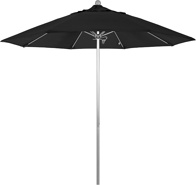 California Umbrella 9' Round Aluminum/Fiberglass Umbrella, Push Open, Silver Pole, Olefin Black Fabric