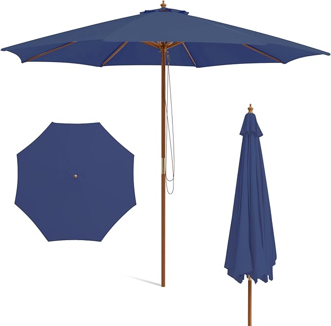 HAPPYGRILL 10 FT Wooden Patio Umbrella with Rope Pulley Lift, 8 Bamboo Ribs, 3 Adjustable Heights, Vented Roof, Outdoor Table Umbrella for Garden Poolside Backyard (Navy)