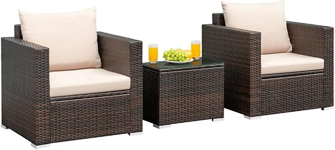 3PCS Patio Rattan Furniture Set Conversation Wicker Sofa W/Cushion Garden