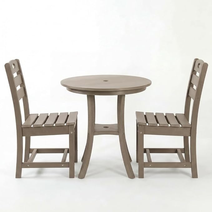 3-Pcs Outdoor Patio Dining Table Set of 3, Outdoor Patio Round 29.72'' Dining Table Bistro Set and Armless Chair for Garden Backyard, HDPE Material & 1.96'' Umbrella Hole, Antique Brown