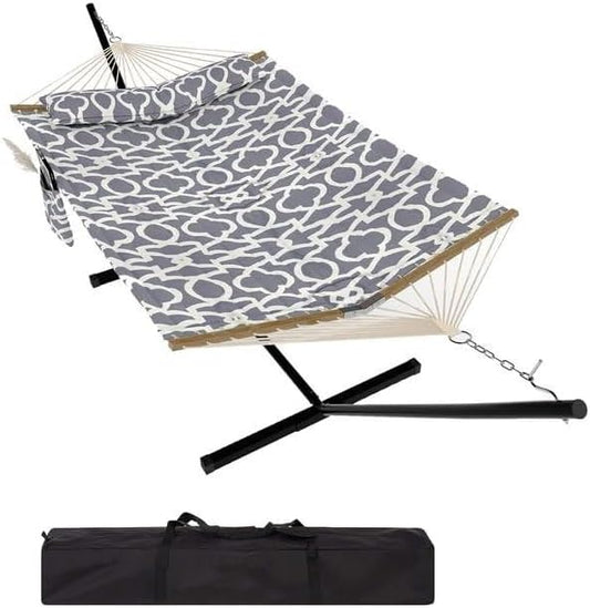 Heavy Duty Double Hammock with Adjustable Steel Stand – Quilted Outdoor Bed with Pillow – Portable 2 Person Hammock for Patio, Backyard, Garden, Beach – 450 lbs Capacity – Light Grey