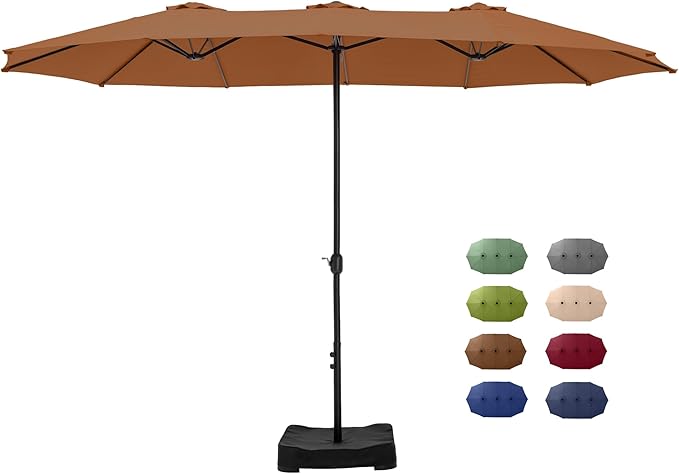 GREEN PARTY 15 ft Rectangular Patio Umbrella with Base Included, Large Double-Sided Outdoor Table Umbrella with Crank, 1.9" Pole UPF 50+ UV Resistant for Pool Deck Backyard Garden, Tawny