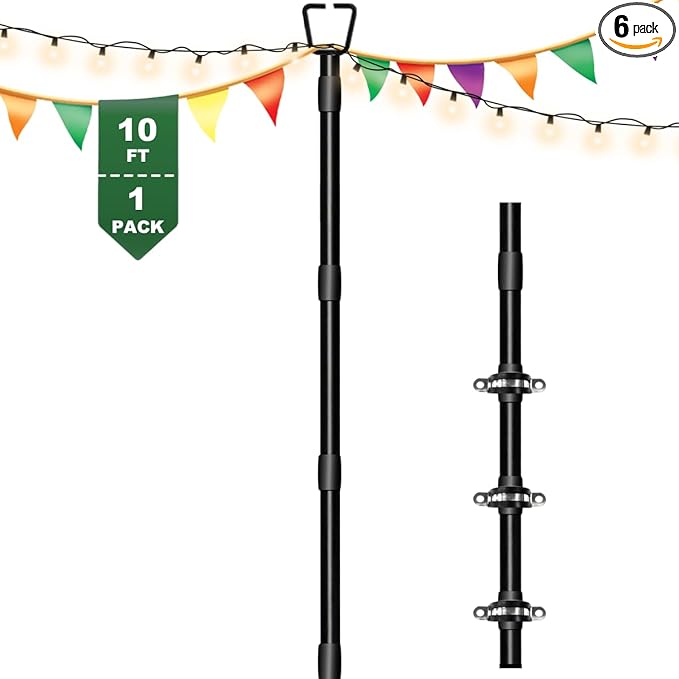 10Ft String Light Poles for Outside, Adjustable Metal Poles for Outdoor String Lights, Rustproof & Sturdy Light Stand Posts for Patio, Backyard, Deck, Garden, Party Decorations