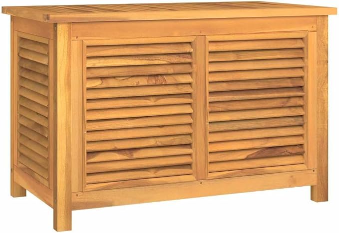 35.4 Inch Long Teak Storage Box with Louvered Door Outdoor Storage for Garden Tools and Cushions, Solid Teak Wood Garden Box for Patio and Balcony