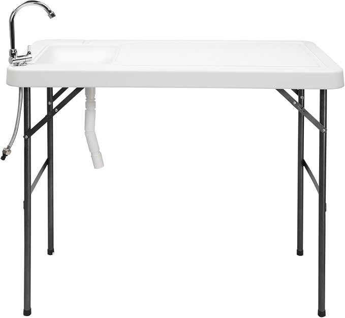 Folding Fish Cleaning Table with Sink and Spray Nozzle, Heavy Duty Fillet Table with Hose Hook Up and Faucet, Portable Outdoor Camping Sink Station for Dock Beach Patio Picnic
