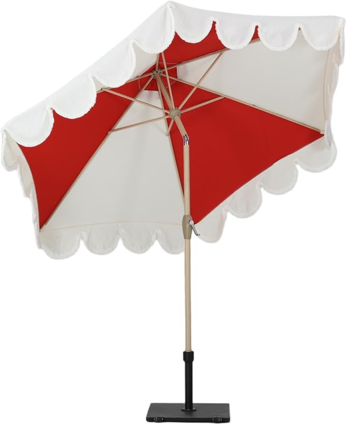Tempera 9ft Red Scalloped Patio Umbrellas Outdoor Table Umbrellas with Fade Resistant Canopy, 8 Sturdy Rids, Elegant Vintage Umbrellas for Lawn, Pool, Deck, Balcony