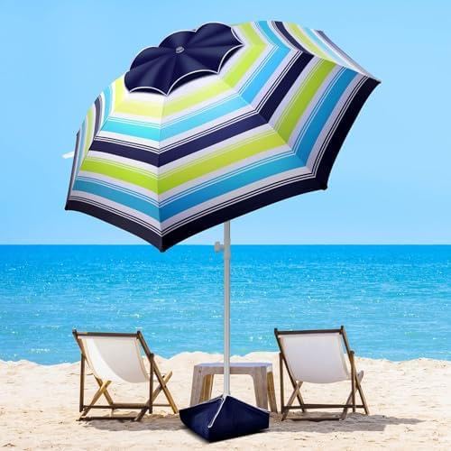 Fisqueen 8FT Large Beach Umbrella with Level 7 Wind Resistance, Sand Anchor, Portable Outdoor Umbrella with UPF50+ UV Protection, Tilt Sun Shelter for Beach, Patio, Yard