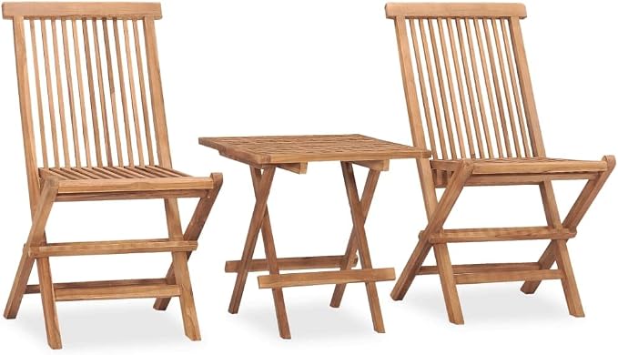 3 Piece Folding Patio Dining Set, Solid Teak Wood Outdoor Bistro Furniture Set with Anthracite Cushions, Small Square Folding Table and 2 Chairs for Garden, Terrace and Balcony
