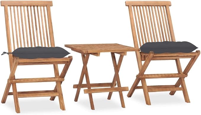 3 Piece Folding Patio Dining Set, Solid Teak Wood Bistro Set with Anthracite Cushions, Small Outdoor Table and 2 Chairs for Garden, Terrace and Balcony Space-Saving Furniture