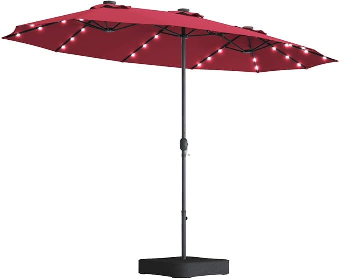 Tangkula 15 Ft Solar Patio Umbrella with Base, Extra Large Outdoor Double-Sided Twin Umbrella with 36 LED Lights & Crank Handle for Garden, Deck, Poolside, Patio (Burgundy)