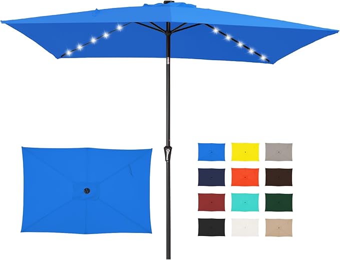 JEAREY 6.5x10 ft Rectangular LED Lighted Patio Umbrellas Outdoor Solar Table Market Umbrella w/Push Button Tilt/Crank, 6 Sturdy Ribs, UV Protection Waterproof Sunproof(Royal Blue)