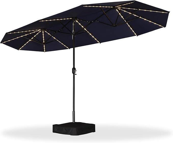 PURPLE LEAF 13ft Patio Market Umbrella with Solar LED and Base Double-Sided Rectangle Outdoor Table Sun Umbrellas with Crank for Pool Beach Deck Backyard Navy Blue