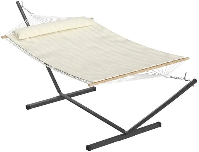 Hammock with Stand, 2 Person Heavy Duty Hammock with Soft Pillow & Balance Ropes, Stand Alone Hammock with Curved Spreader Bar, Portable Outdoor Hammock for Patio,Beach, Backyard,Beige