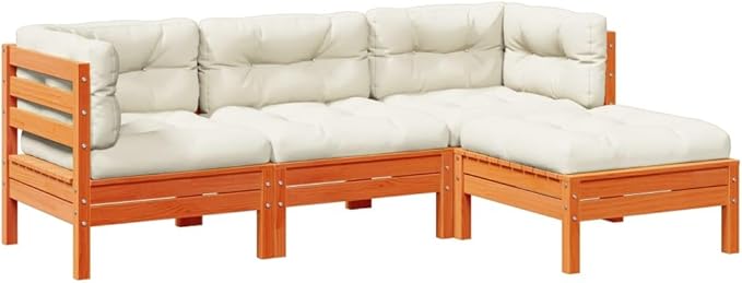 4 Piece Patio Sofa Set with Cushions, Patio Conversation Set Front Porch Furniture Sectional Sofa Garden Lounge Set for Poolside Exhibition Negotiation Area Piazza Wax Brown Solid Wood Pine