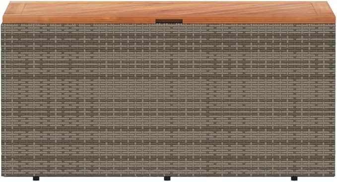 Outdoor Storage Box with Acacia Wood Top Gray 43.3"x19.7"x21.3" PE Rattan Deck Box Weather-Resistant Patio Furniture Storage Bench for Poolside Backyard Garden